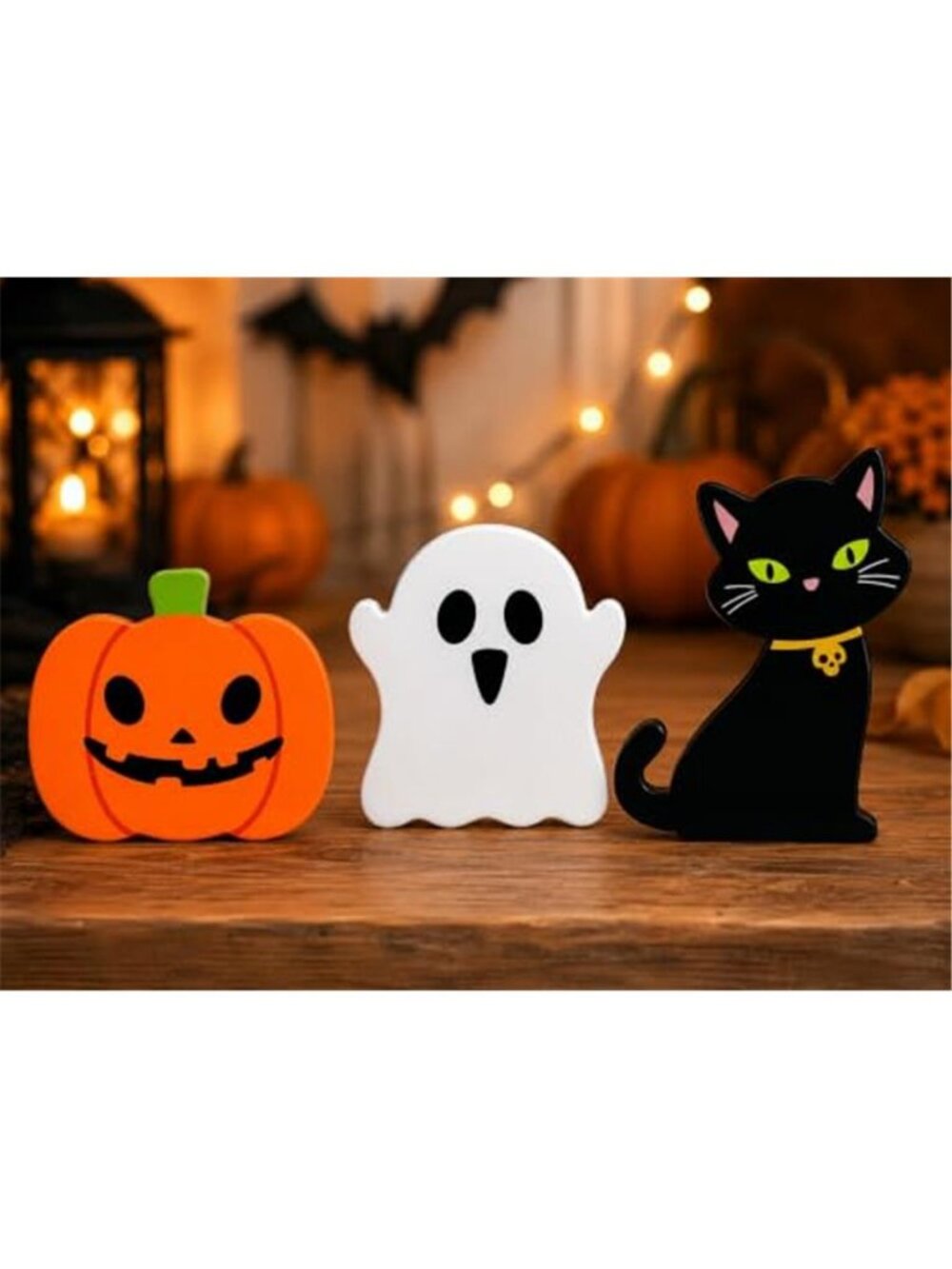 Halloween Decorations for Indoor Home 3 Pcs, Cute Wooden Pumpkin Ghost Black